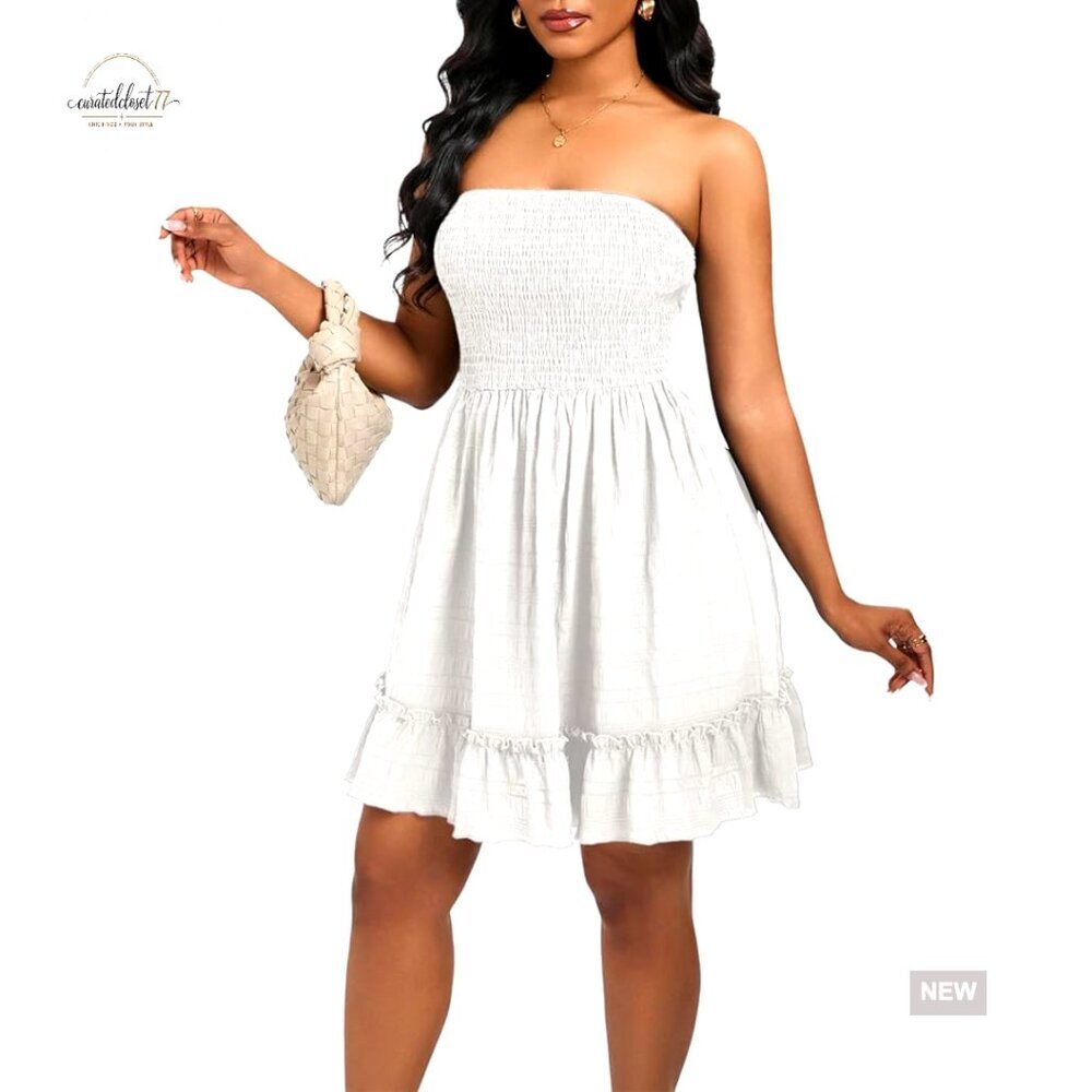 Strapless Mini Dress Smocked Bodice Ruffle Hem Casual Sundress